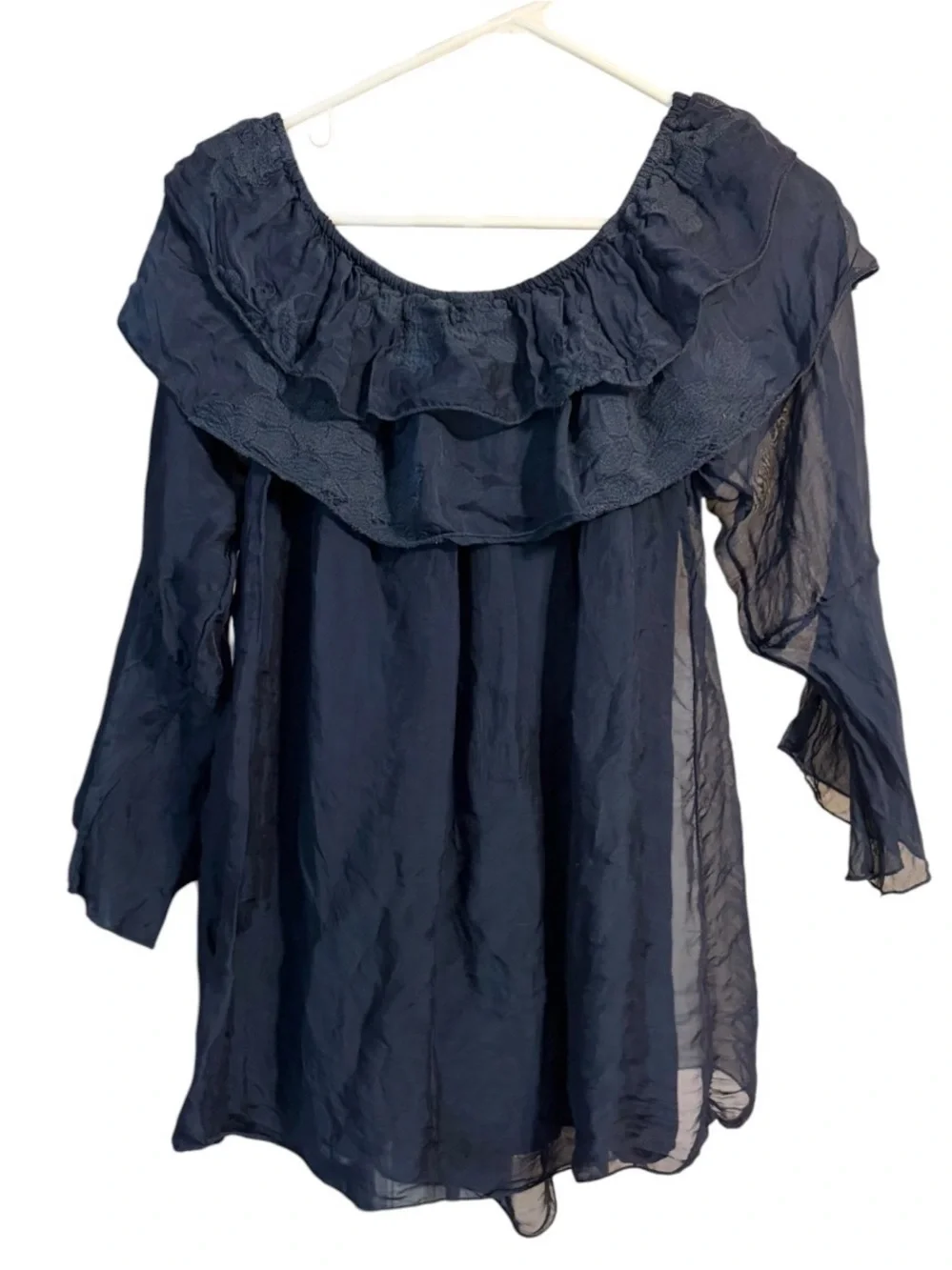 Le Marais Paris Silk Off Shoulder Ruffle Blouse Navy M
